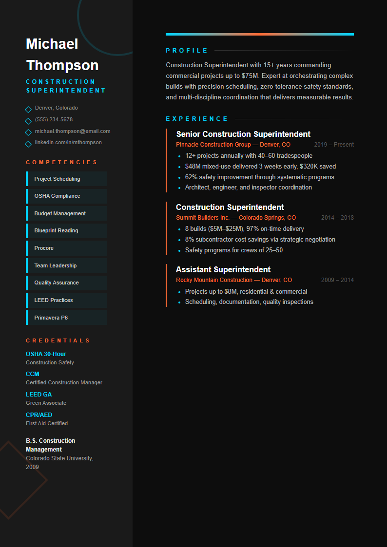 Abstract geometric construction superintendent resume